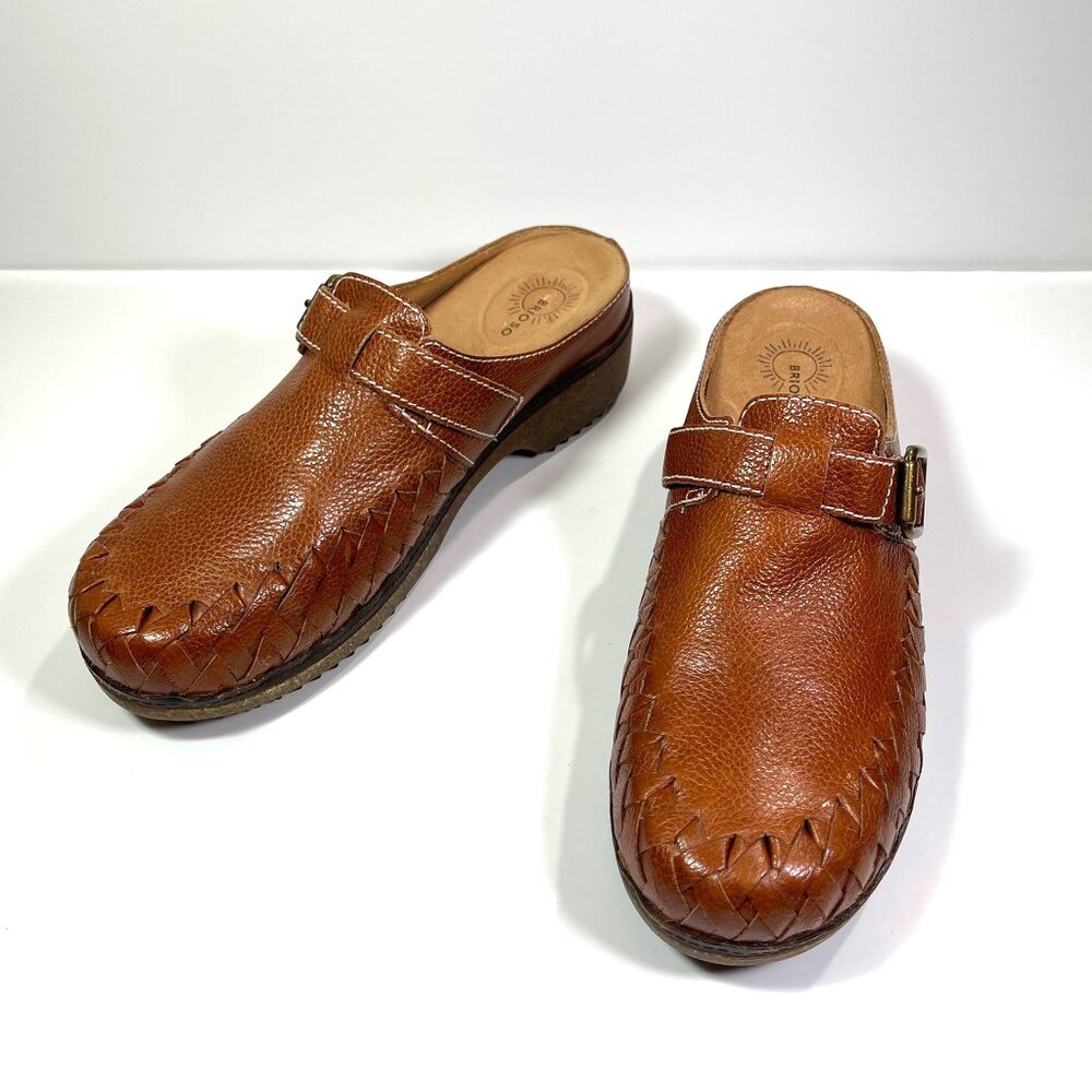 BRIOSO Jordyn Tan Leather Comfort Clogs Mules Woven Slip On Cork Sole 8M